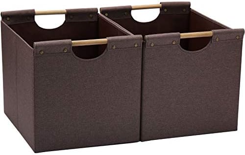 HOONEX Large Collapsible Storage Bins, Linen Fabric, 2 Pack, Storage Baskets with Wooden Carry Handles and Sturdy Heavy Cardboard, for Home, Office, Car, Nursery, Brown by HOONEX