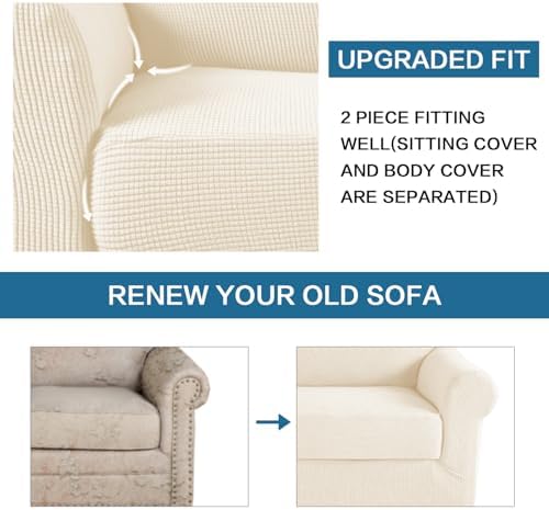 H.VERSAILTEX 2 Piece Couch Cover Stretch Stylish Chair Cover Furniture Protector Featuring Jacquard Textured Twill Fabric High Spandex Slipcover (Chair, Cream) - Image 6