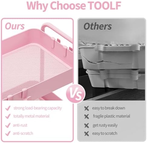 TOOLF 4 Tier Metal Rolling Cart, Utility Storage Cart with Wheels, Pink | Screwless Assembly, Lockable Metal Wheels, Trolley Organizer for Bathroom, Kitchen, Office, Dorm, Laundry, Craft Room - Image 4