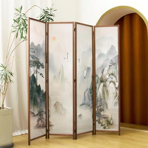 4 Panel Room Divider, 5.6 ft Tall Blackout Folding Privacy Screen - Double-Sided Freestanding Partition Wall with Different Patterns, Ink-wash Mountain Landscape for Home Office (67"H x 63"W) - Image 3