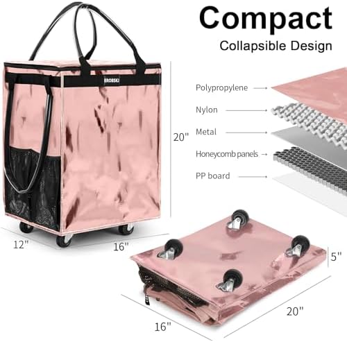 (Medium,Rose Gold) Reusable Grocery Bag on Wheels, Foldable Rolling Tote - Image 5