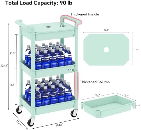 Steehoom 3-Tier Utility Rolling Cart with Cover Top Board, Mobile Utility Cart with Lockable Casters Multi-Functional Storage Trolley for Office, Bathroom, Kitchen, Garden, Laundry Room (Green) - Image 2