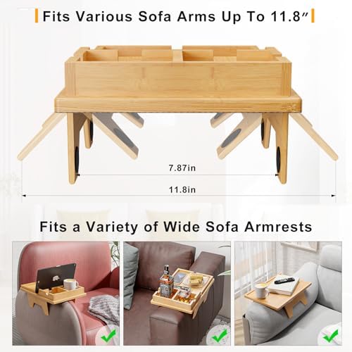 Bestjing 2 in 1 Bamboo Couch Cup Holder Tray with Double Holder Tray - Image 4