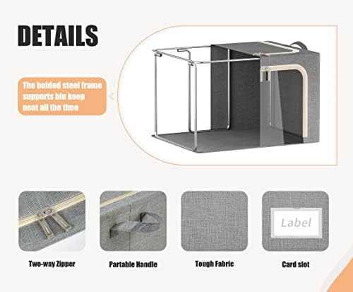 3 Openings Clothes Storage Bins with Metal Frame, Foldable Storage Bin for Clothes, Clothing Storage Bins with Lid, Linen Storage Box With Clear Window＆ Zippers＆ Durable Handles.(3 Pcs,Light Grey,40L) - Image 4