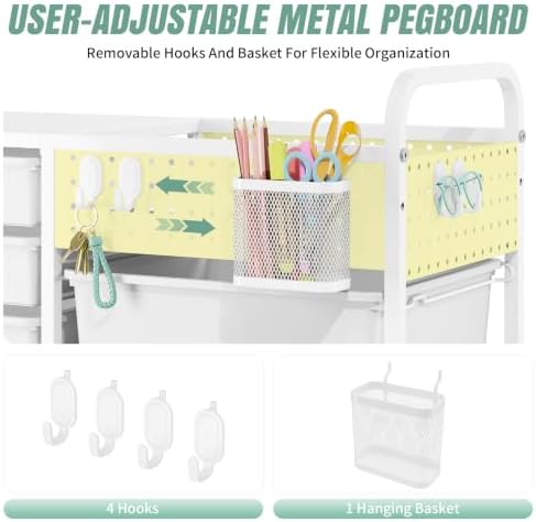 14 Drawer Rolling Storage Cart with Tabletop and Pegboard for Crafts Green - Image 5