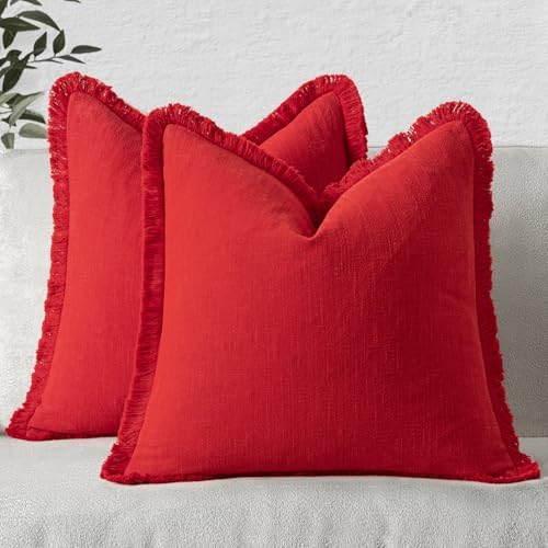 MIULEE Boho Linen Fringe Decorative Throw Pillow Covers Red 20x20 by MIULEE