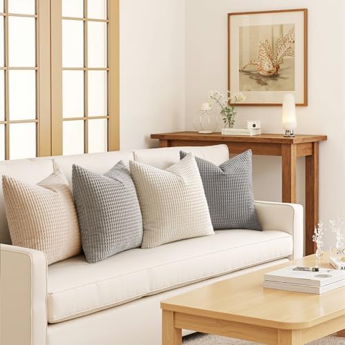 MIULEE Boho Farmhouse Decorative Pillow Covers 18x18 Inch Set of 4 Neutral - Image 3