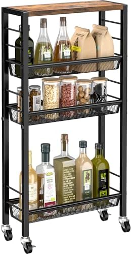 Slim Rolling Cart, 4-Tier Narrow Kitchen Storage Cart, Slim Utility Cart on Wheel, Skinny Bathroom storage cart with Wood Tabletop, 6.0" Deep, For Kitchen, Dining Room, Living Room, Laundry Room by VANTIMO