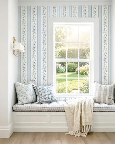 Safiyya Peel and Stick Wallpaper Stripe Floral Wall Paper Removable Blue White Green Contact Paper 17.7''x78.7'' Waterproof Self Adhesive Vinyl Boho Wallpaper for Bedroom Living Room Decor - Image 2