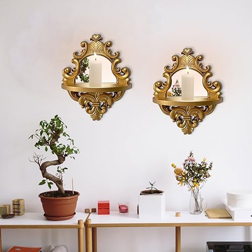 2 Set Vintage Candle Wall Sconce for Home Decor Living Room Bedroom Office Wood Antique Mirrored Victorian Mounted Candlestick Wall Holder Relief Hanging Decor -Gold 11.8in - Image 5