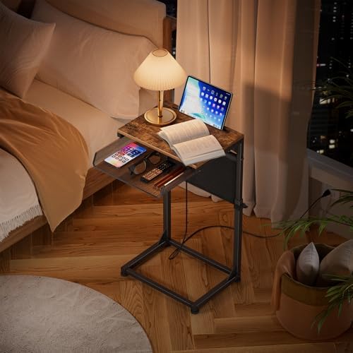 Simple Trending Side Table, C Shaped End Table with Charging Station, Couch Table with Storage Bag, Adjustable Height, Rustic Brown - Image 2