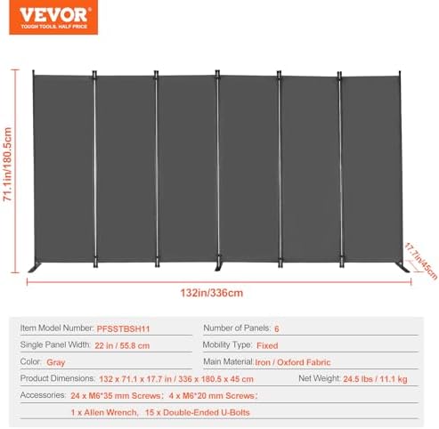 VEVOR Room Divider, 6 Panel Room Divider, Folding Privacy Screen and Portable Partition Divider for Room Separation, Freestanding Room Partitions for Office, Bedroom, Study, Grey - Image 7