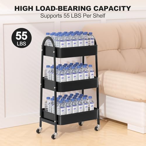 EAGMAK 3 Tier Rolling Cart, Large Metal Storage Cart with Handle and Lockable Wheels, Big Multifunctional Storage Organizer Trolley with Mesh Baskets for Kitchen, Living Room, Office, Garage (Black) - Image 6