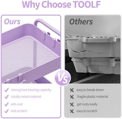 TOOLF 4 Tier Metal Rolling Cart, Utility Storage Cart with Wheels, Purple | Screwless Assembly, Lockable Metal Wheels, Trolley Organizer for Bathroom, Kitchen, Office, Dorm, Laundry, Craft Room - Image 3
