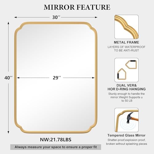Ferytange 30" x 40" Gold Bathroom Mirror for Over Sink, Modern Rounded Corner Rectangle Wall Mirror for Bathroom Vanity Decorative with Non-Rusting Iron Metal Framed (Horizontal/Vertical) - Image 4