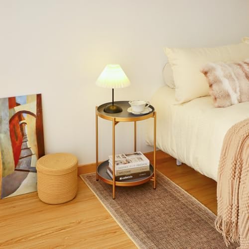 2-Tier Round End Side Table, Small Metal Side Table with Removable Tray, Folding Accent Tables for Living Room, Balcony, Nightstand for Bedroom, Outdoor Tables for Patio, Gold&Grey - Image 6