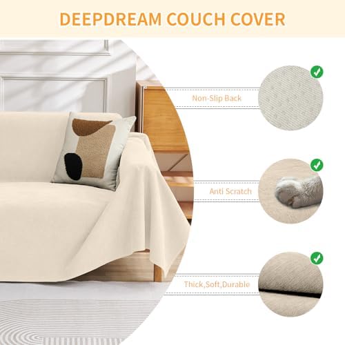 Deep Dream Cat-Scratch Resistant Couch Cover, Waterproof Sofa Cover for 3 Cushion Couch Washable, Pet Friendly Couch Protectors Anti Slip Thickened Love Seat Slipcovers for Dogs Pets,71" x 118",Beige - Image 3