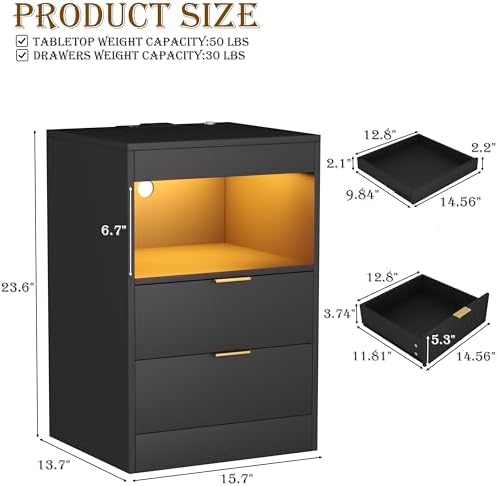 Yusong Night Stand with Gun Drawer & Invisible Lock, Bedside Table, LED Nightstand with Charging Station, Modern Night Stand, Wood Sofa Couch End Side Table with 2 Pull-Out Shelf (Black 002) - Image 2