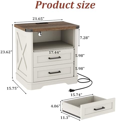 Yusong 23.62” Tall Farmhouse Nightstand, Rustic Wooden Night Stand with Charging Station, Beside Table with Drawers and Open Storage, End Tables for Bedroom, Cream White 003 - Image 2