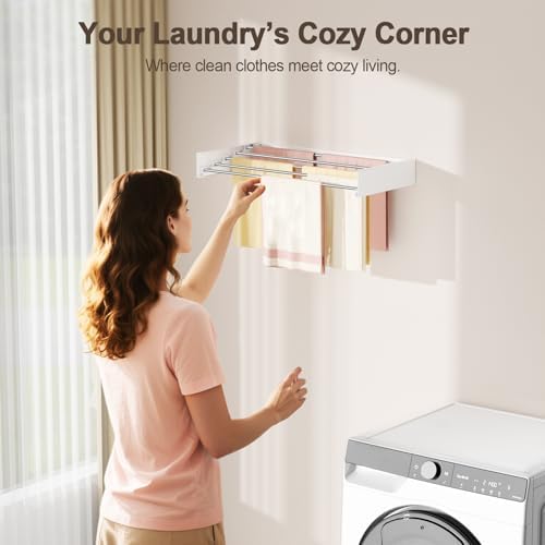 Wall Mounted Clothes Drying Rack Folding Indoor, Foldable Laundry Drying Rack Collapsible, Space Saving, Retractable Towel Drying Rack, with Wall Template(5 Drying Rods, White 23.6") - Image 2