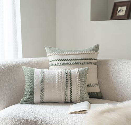 Cethom Boho Throw Pillow Covers 12x20 Inch Set of 2, Green Textured Decorative Couch Pillow Cases for Farmhouse Home Decor, Accent Cushion Cover for Sofa, Bed, Living Room, Bedroom - Image 2