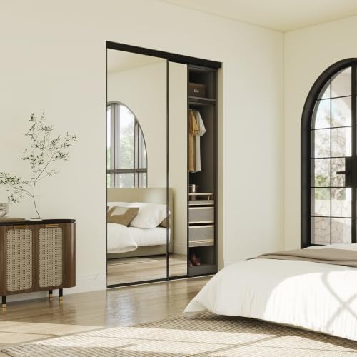 JUBEST 48x80 Mirrored Closet Door, 2-Panels Steel Frame Sliding Mirror Door Top & Bottom Track Kits, One Side Full-Sized Mirror with Safety Backing, Easy to Install, Black by JUBEST