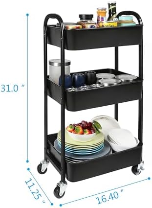 3-Tier Rolling Utility Cart with Caster Wheels Easy Assembly, Black - Image 3