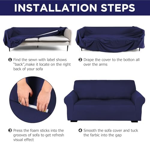 Peryiter 3 Pcs Couch and Loveseat Sofa Covers,Navy Blue,Milk Silk - Image 5