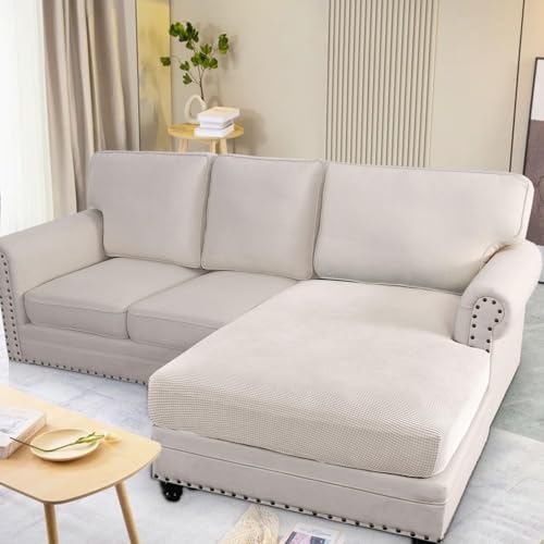 H.VERSAILTEX Super Stretch Individual Chaise Cover Sectional Couch Covers for L Shaped Sofa Both Left/Right Featuring Thick Jacquard Textured Twill Fabric (1 Piece Chaise Cover Large, Ivory) - Image 3