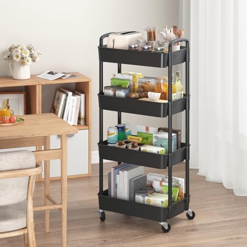 Sywhitta 4-Tier Plastic Rolling Utility Cart with Wheels for Storage, Black - Image 3