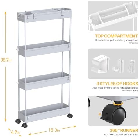 SPACELEAD Slim Storage Cart 4 Tier,Bathroom Organizer Rolling Utility,Mobile Shelving Unit Slide Out for Office, Kitchen, Laundry Room & Narrow Places,Gray - Image 4