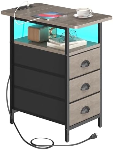 sthmec End Table with Charging Station,LED Side Tables with USB Ports and Outlets,Narrow Nightstands Bedside Tables with 3 Drawers for Small Space,Slim Sofa Table for Livingroom,Grey by Unknown