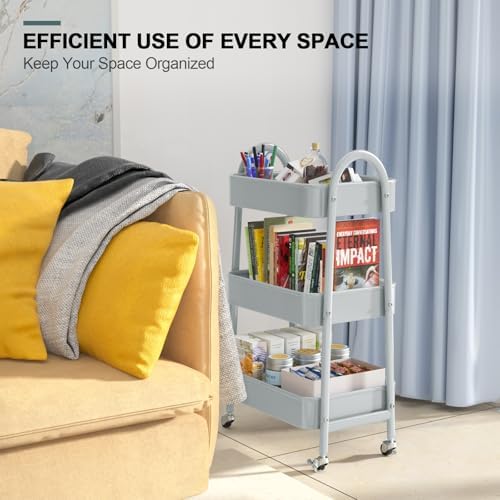 EAGMAK 3 Tier Utility Rolling Cart, Metal Storage Cart with Handle and Lockable Wheels, Multifunctional Storage Organizer Trolley with Mesh Baskets for Kitchen, Living Room, Office, Garage (Grey) - Image 7