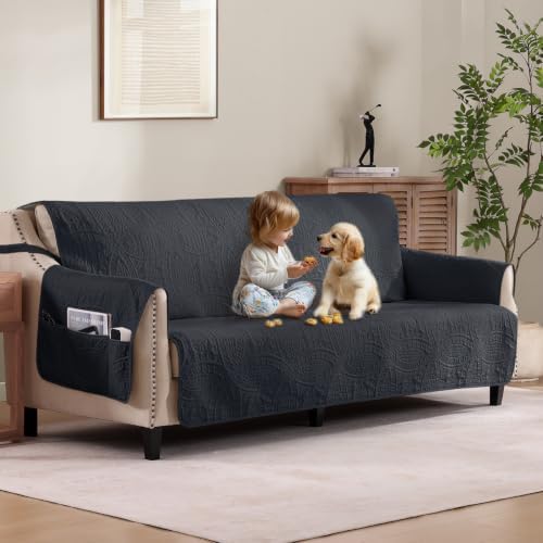 Soft Quilted Couch Cover with Pockets for Extra-Large Sofa, Anti-Slip Sofa Covers Washable for 3 Cushion Pet Friendly, Oversized Sofa Cover Water-Repellent (X-Large Sofa 78", Black) by Pamhaven