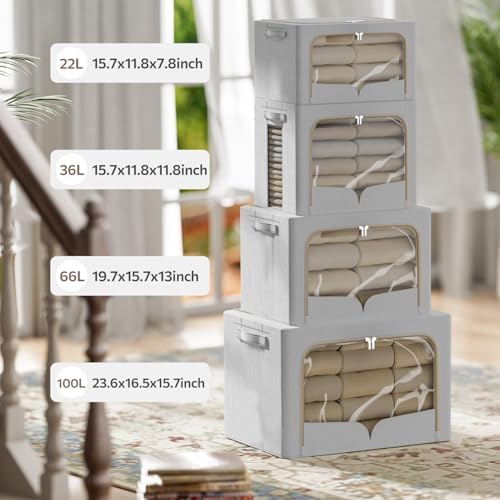 FHSQX 3 Pack Clothes Storage Bins - Foldable Metal Frame Storage Box - Stackable Linen Fabric Container Organizer Set with Carrying Handles and Clear Window (Light Gray, 19.7x15.7x13inch(66L)) - Image 4