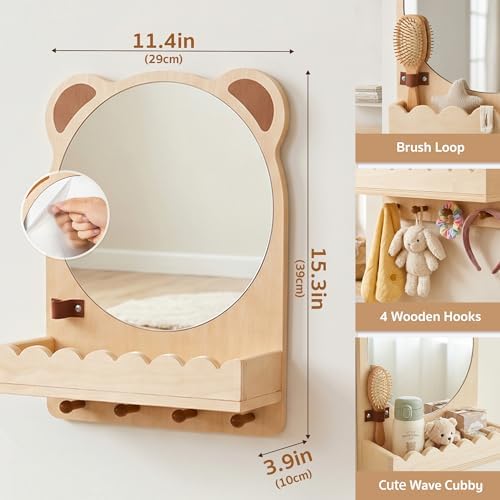 Montessori Mirror with Hooks and Shelf, Toddler Self-Care Station with Sensory Mirror, Nursery Wooden/Acrylic Child Safe Wall Mirror for Kids Playroom, Bathroom, Bedroom, Living Room, Entryway - Image 4