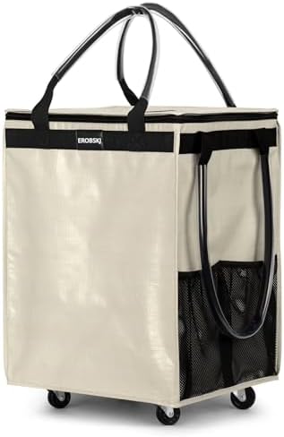 (Medium,Beige) Reusable Grocery Bag on Wheels, Foldable Rolling Tote, Carries Up to 66 lbs Shopping Trolley, Zipper Clouser Shopping Carts for Trips, Laundry, 4 Heavy Duty Wheels and 3 Handles by EROBSKJ