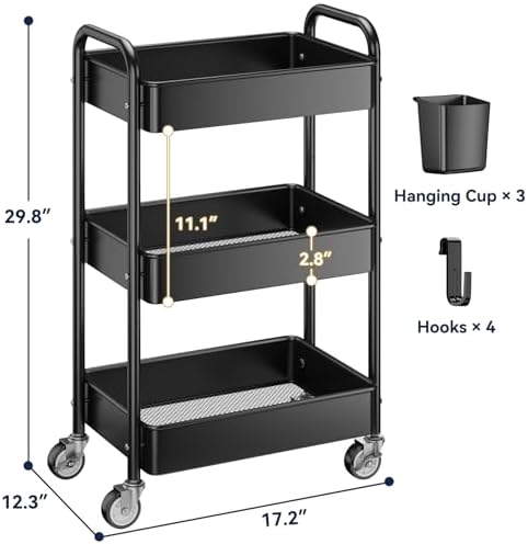 YASONIC 3 Tier Rolling Cart, Heavy Duty Metal Utility Cart with Wheel Black - Image 6