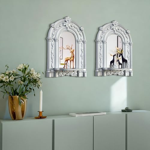 2 Set Vintage Candle Wall Sconce for Home Decor Living Room Bedroom Office Wood Antique Mirrored Victorian Mounted Candlestick Wall Holder Relief Hanging Decor -Silver 11.8in - Image 3