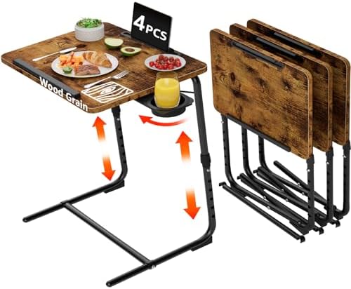 TV Trays Set of 4 - Folding TV Tray Adjustable Dinner Trays for Eating On Couch Wooden Tables Mate Stand Foldable Rustic Desk with Cup Holder Portable by NUTIKAS