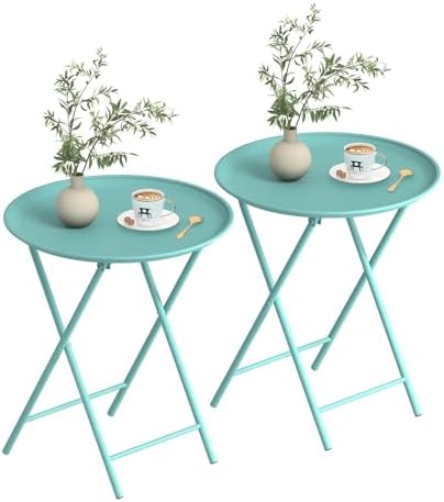 Garden 4 you Folding TV Tray Table, Metal Round Side Table, Green Dinner Table with Metal Frame, Modern Outdoor Tray Table for Living Room, Bedroom, Patio & Small Spaces, 2 Packs by Garden4you