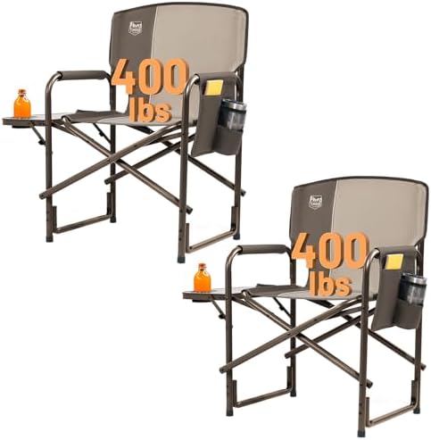TIMBER RIDGE Aluminum Oversized Camping Chair, Lightweight Portable Directors Chair with Side Table Detachable Side Pocket for Outdoor Camping, Lawn, Picnic, Support 400lbs Tan 2 Pack by TIMBERRIDGE