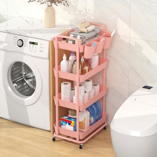 JIUYOTREE 4-Tier Plastic Rolling Storage Cart Utility Cart with Extra Hanging Cups Handles Lockable Wheels for Living Room Bathroom Kitchen Office Pink - Image 3