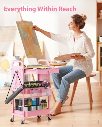 ALVOROG 3 Tier Metal Rolling Cart with Drawer,Wood Top,Pegboards,Pink - Image 6