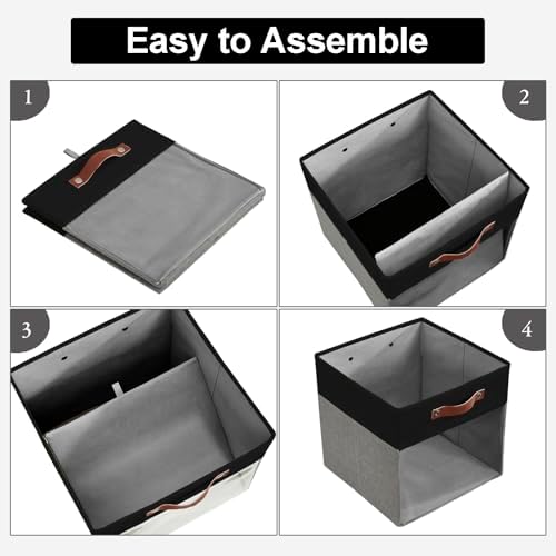 Bagnizer Storage Cubes, 4 Pack Linen Foldable Storage Bins (13 x 13 inch) with Clear Window and Handles, Fabric Organizer for Shelf Closet, Clothes, Books - (Gray and Black) - Image 3