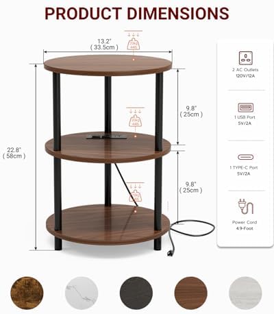 XBurmo Small Round End Table - 3 Tier Design Accent Table, Narrow Side or Bedside Stand, Industrial Vintage Table for Small Spaces, Built-in USB Ports and Power Outlet, Rustic Walnut - Image 2