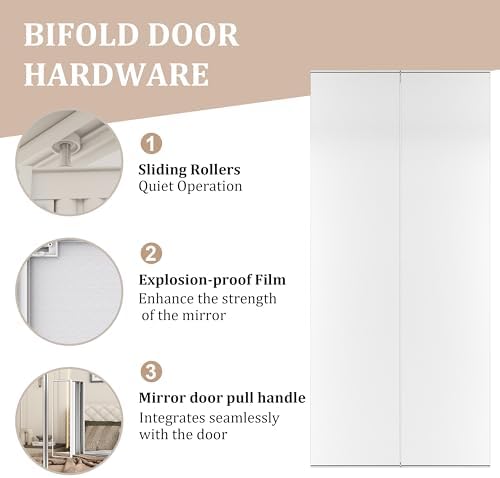 JUBEST Bi Fold Mirror Closet Door with White Steel Frame, Bifolding Mirrored Doors for 36in. x 81in. Door Opening, Hardwares Include, Easy to Install - Image 4