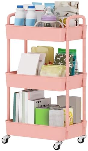 Sywhitta 3-Tier Plastic Rolling Utility Cart with Wheels for Storage, Pink by haseverythingyouneed