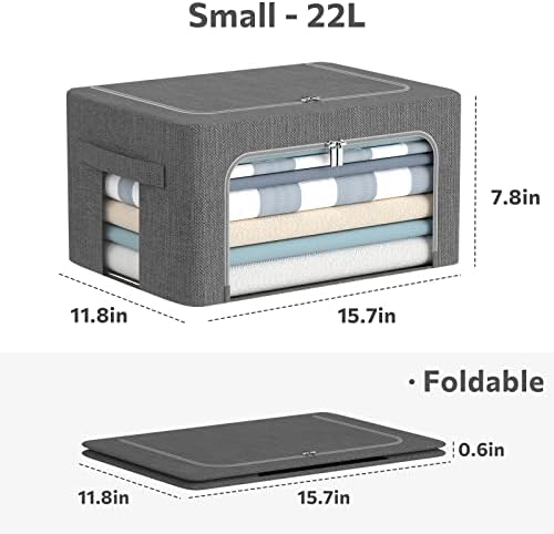 CYhom 3Pack Foldable Storage Bins - Frame Storage Box Linen Fabric Stackable Clothes Container Organizer with Clear Window & Carry Handles Large Capacity (Small-22L, Dark Gray) - Image 4