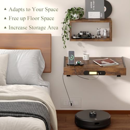 TEAMIX Floating Nightstand with Charging Station, Wall Mounted Folding Bedside Shelf Combo Wood Nightstand with Led Light USB Type C Ports, Bed Side Storage Tray Caddy for Bedroom, Living Room, Dorm - Image 4
